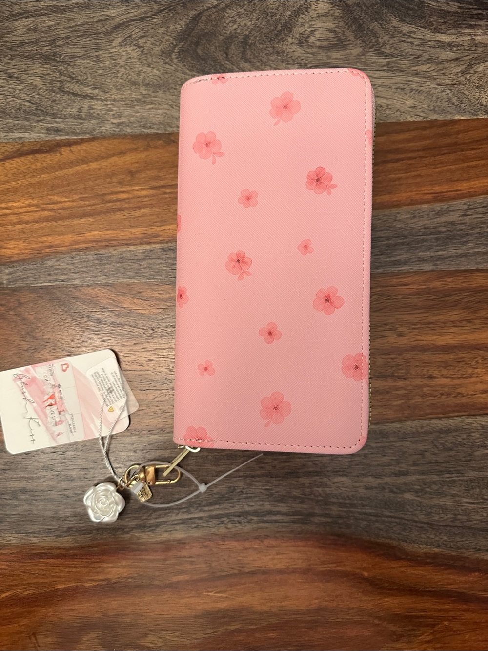 Pink Floral Zip Wallet with Gold Hardware and Flower Charm